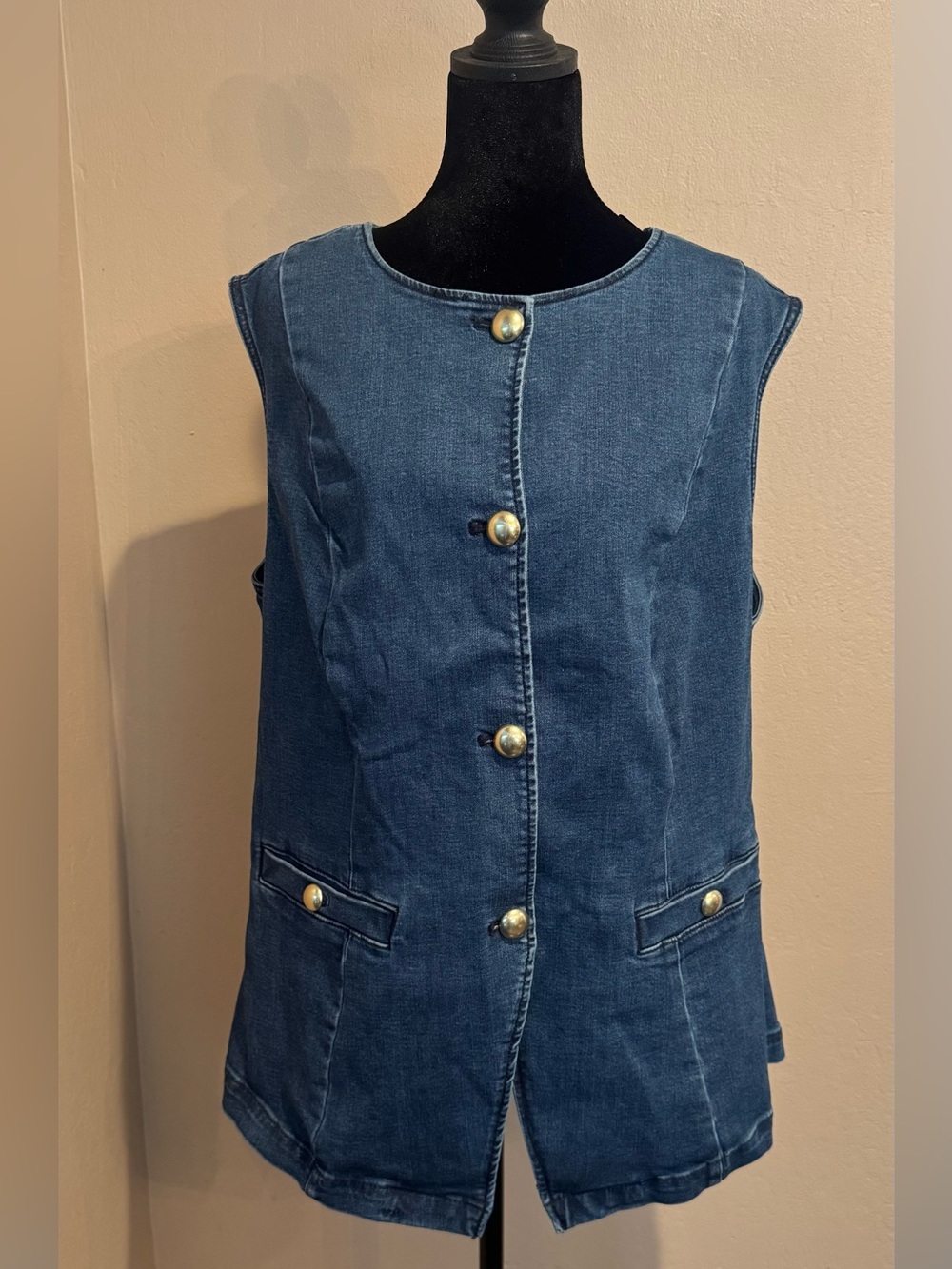 Denim High Neck Vest W/Gold Buttons & Front Pockets, Stretchy Comfort Fit